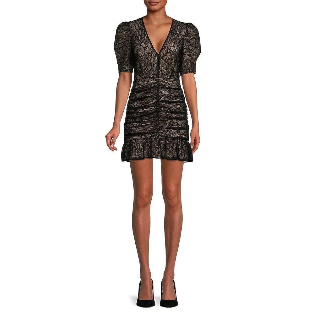 Saylor‎ Reena Black Lace Plunge V-Neck Puff Sleeve Ruched Mini Dress Size Small